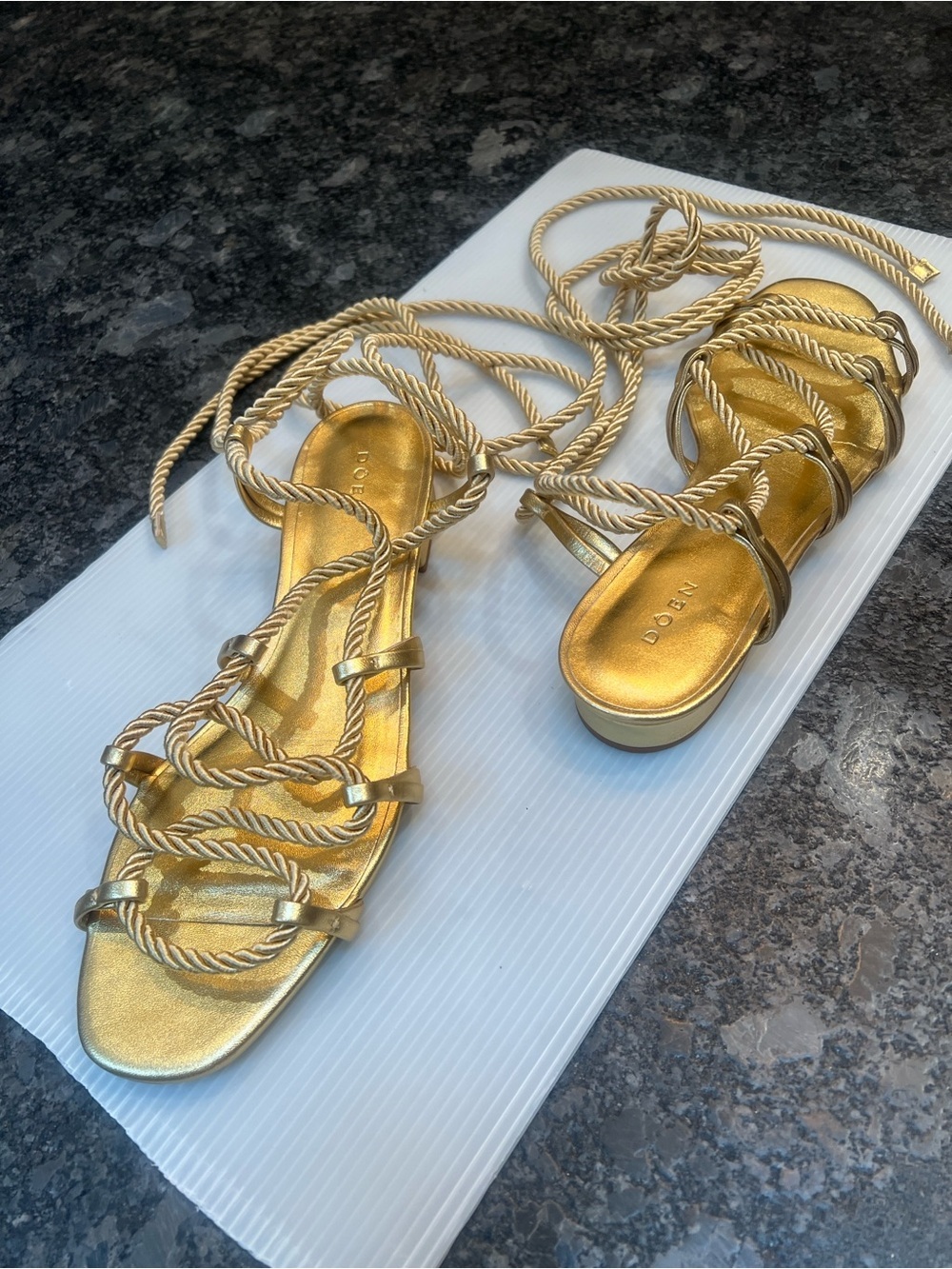 Doen Sz 38 Gold Leather Gladiator Adjustable Gold Silk Rope Flat Sandals -   New
